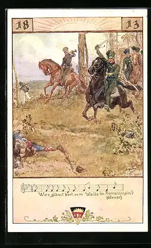 AK Deutscher Schulverein Nr. 501: Befreiungskriege, Soldaten auf Pferden mit Schwertern und Horn in der Schlacht