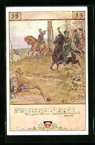 AK Deutscher Schulverein Nr. 501: Befreiungskriege, Soldaten auf Pferden mit Schwertern und Horn in der Schlacht