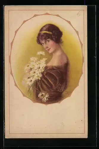 Künstler-AK Maxim Trübe: Junges hübsches Mädchen mit kokettem Blick und weissen Blumen