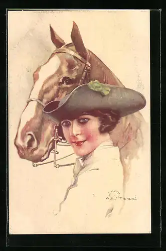 Künstler-AK Terzi: Lächelnde Dame mit Hut vor Ihrem Pferd