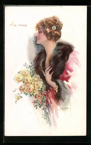 Künstler-AK Luis Usabal: Mia May mit Pelz und Blumenstrauss