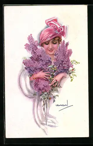 Künstler-AK Luis Usabal: Hübsche Dame mit auffälligem Hut und grossem Blumenstrauss