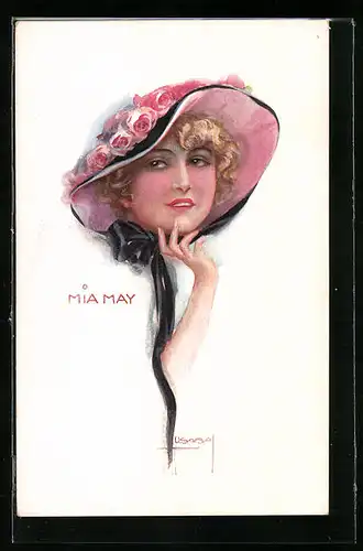 Künstler-AK Luis Usabal: Mia May mit rosenbedecktem Hut und Schleife