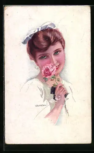 Künstler-AK Luis Usabal: Hübsche schüchterne Lady hat eine Rose erhalten