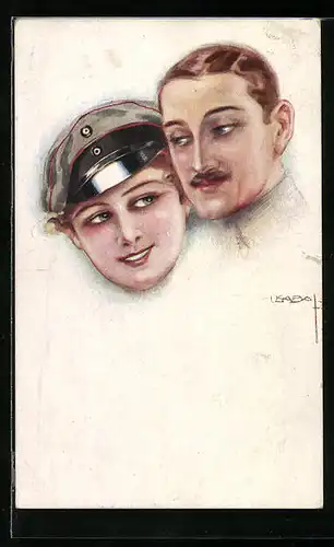 Künstler-AK Luis Usabal: Hübsche Frau mit Uniformhut und ihrem Liebsten
