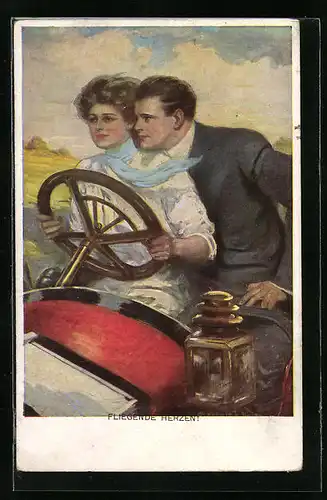 Künstler-AK Clarence F. Underwood: Fliegende Herzen, verliebtes Paar im Oldtimer