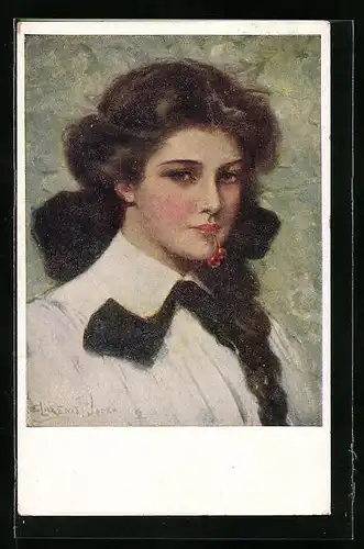 Künstler-AK Clarence F. Underwood: Junges hübsches Mädchen in weisser Bluse mit Kirschen im Mund