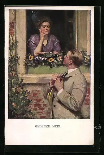 Künstler-AK Clarence F. Underwood: Gedenke mein, Frau verabschiedet traurig ihren geliebten Mann