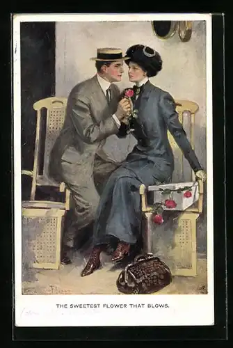 Künstler-AK Clarence F. Underwood: Herr schenkt seiner Angebeteten rote Rosen
