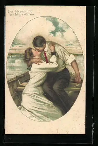 Künstler-AK Clarence F. Underwood: Verliebtes Pärchen küssend im Boot auf dem Meer