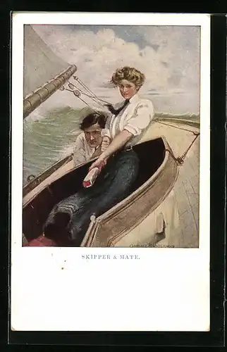 Künstler-AK Clarence F. Underwood: Skipper & Mate, Junges Paar im Sturm auf dem Meer