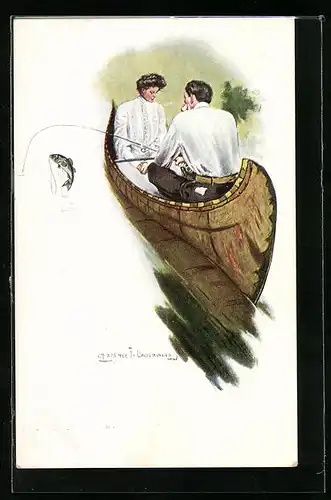 Künstler-AK Clarence F. Underwood: Paar im Boot beim Fischen