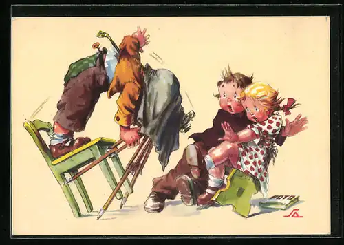 AK Mann mit Fotoapparat kippt vom Stuhl