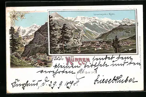 Lithographie Mürren, Teilansicht, Gesamtansicht mit Umgebung