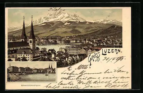 Lithographie Luzern, Teilansicht mit Alpen, Schweizerhofquai