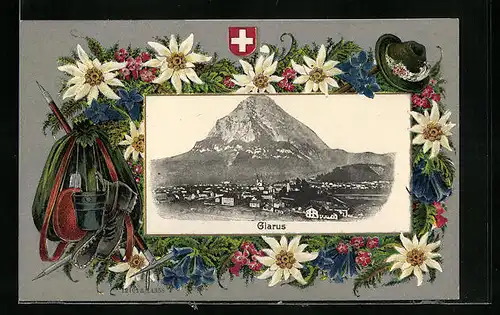 Passepartout-Lithographie Glarus, Ortsansicht im Alpenblumen-Passepartout, Wappen