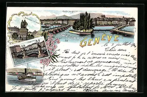 Lithographie Geneve, Vue generale, Monument national, Bateau du Lac Léman
