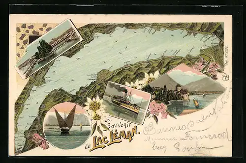 Lithographie Lac Léman, Übersichtskarte mit Ortsbezeichnungen, Dampfer, Seepartien