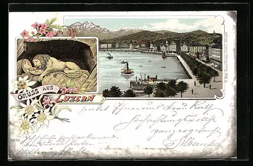 Lithographie Luzern, Teilansicht mit Promenade, Löwendenkmal