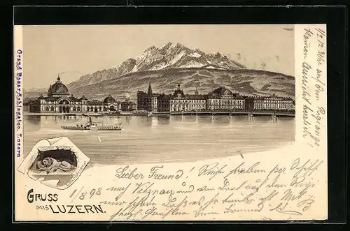 Lithographie Luzern, Panorama der Stadt mit Dampfer, Löwendenkmal