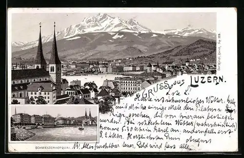Lithographie Luzern, Ortsansicht mit Bergblick und Schweizerhof-Quai
