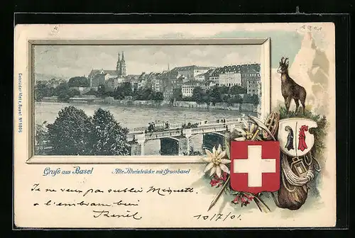 Passepartout-Lithographie Basel, Alte Rheinbrücke mit Grossbasel, Bergziege, Wappen