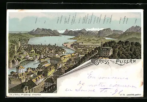 Lithographie Luzern, Ortsansicht mit Umgebung und Gebirgskette aus der Vogelschau