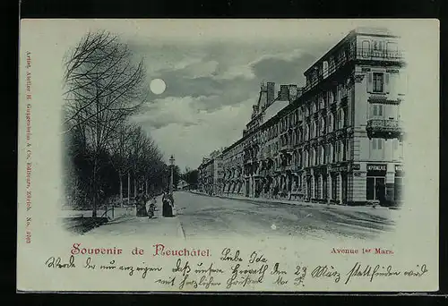 Mondschein-AK Neuchatel, Avenue 1er Mars