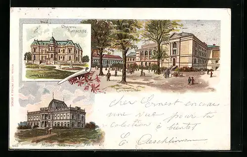 Lithographie Genève, L`université, Chateau Rothschild, Musee Ariana