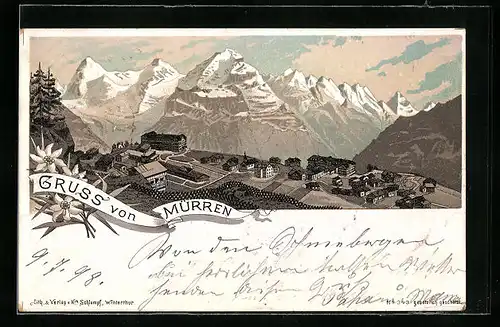 Lithographie Mürren, Ortsansicht von oben mit Blick auf Bergkette