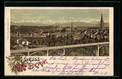 Lithographie Bern, Teilansicht hinter Viadukt mit Blick auf die Berge