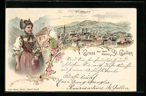 Lithographie St. Gallen, Ortsansicht und St. Gallenerin in Tracht