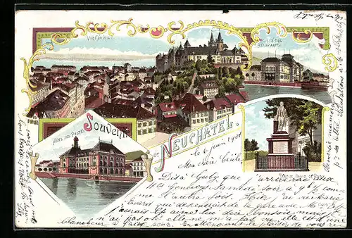 Lithographie Neuchatel, Vue Generale, Hotel des Postes, Statue David de Pury