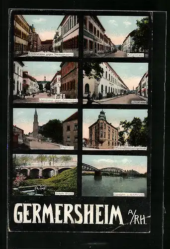 AK Germersheim a. Rh., Eisenbahn- u. Schiffbrücke, Schiefe Brücke und Lilienstrasse