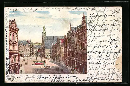 Künstler-AK Zwickau, Marktplatz mit Bewohnern