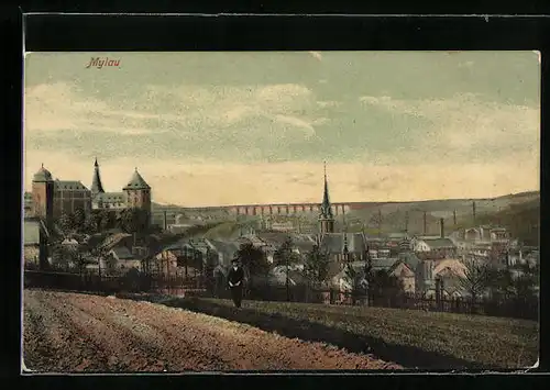 AK Mylau, Teilansicht mit Kirche