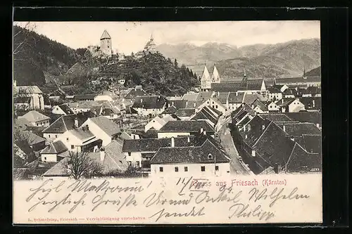 AK Friesach, Ortsansicht mit Berglandschaft