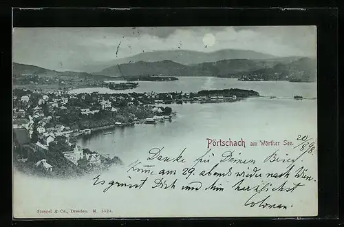 Mondschein-AK Pörtschach am Wörthersee, Ortsansicht mit Blick auf den See