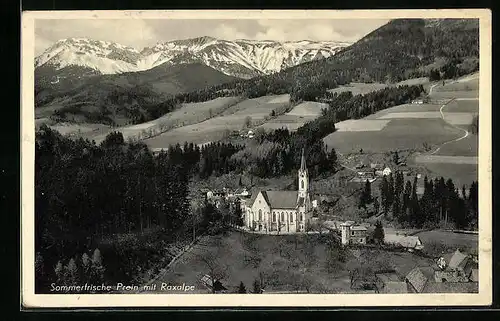 AK Prein, Ortsansicht mit Kirche und Raxalpe