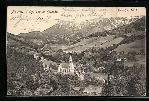 AK Prein, Ortsansicht mit Raxalpe