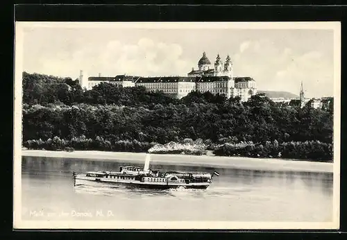 AK Melk /Donau, Kloster hinter Donau-Dampfer