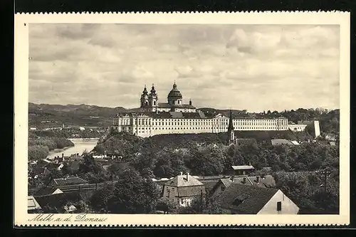 AK Melk an der Donau, Teilansicht mit Kloster und Donau