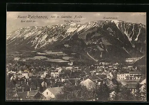 AK Reichenau, Teilansicht mit Rax, Villa Wartholz und Hauptstrasse