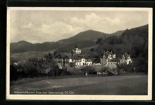AK Küb am Semmering, Ortsansicht vor Bergpanorama