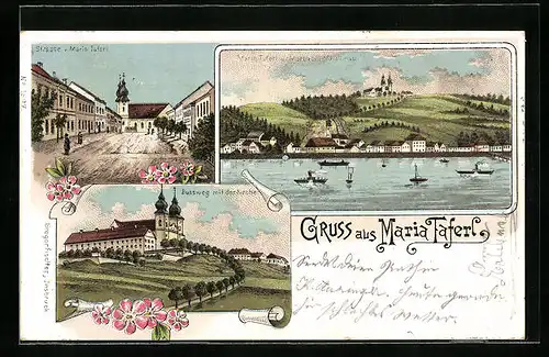 AK Maria Taferl, Strassenpartie und Bussweg mit der Kirche