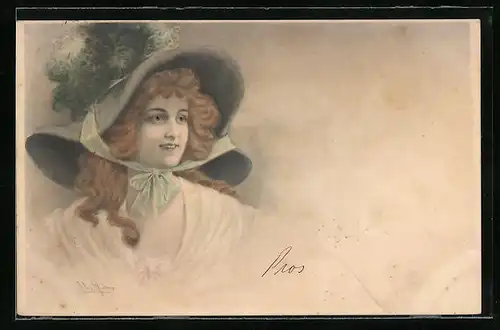 Künstler-AK Wichera: Lächelnde junge Dame mit opulentem Federhut und breiter Kinnschleife