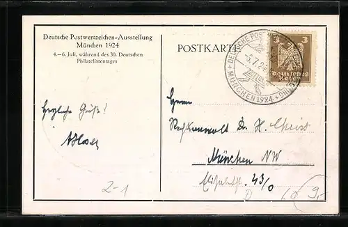 AK München, Postwertzeichen-Ausstellung 1924, Ausstellungs-Medaille von Hans Lindl, Vorder- und Rückseite