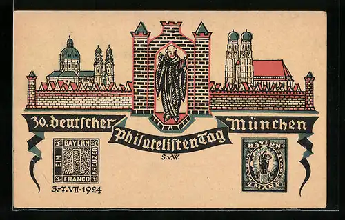 Künstler-AK München, 30. deutscher Philatelisten-Tag 1924, Stadtmotiv mit Mönch, Briefmarken von Bayern