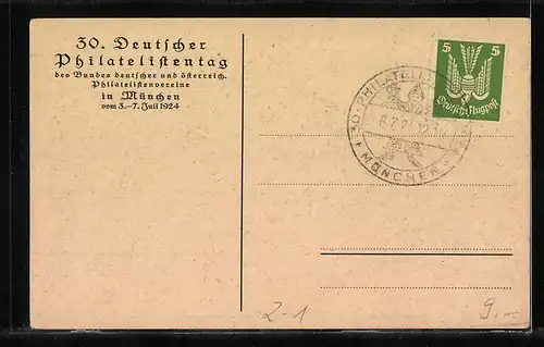Künstler-AK München, 30. deutscher Philatelisten-Tag 1924, Stadtmotiv mit Mönch, Briefmarken von Bayern