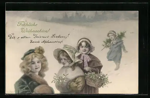 Künstler-AK Wichera: Mädchen mit Mistelzweigen und frierender Knabe mit Tannenbäumchen, Weihnachtsgruss